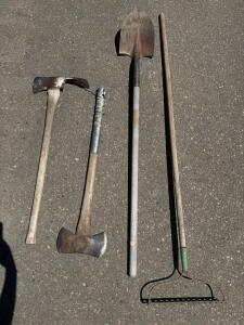 Mattock, Double Bit Axe, Shovel & Bow Rake Set &ndash; Wood Handles, Forged Steel Heads