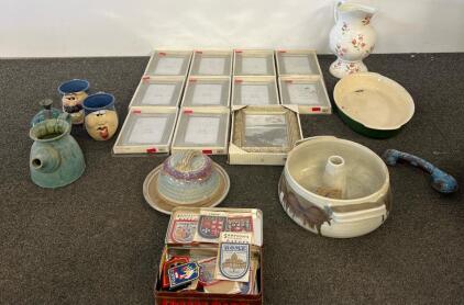Vintage Pottery, Sampson&rsquo;s Souvenir Patches, BP and Fetco Ornate Frames, Mixed Collectibles Lot