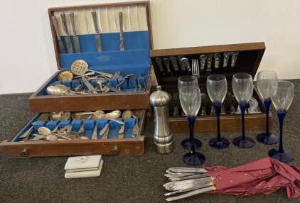Vintage Silverplate Flatware Sets with Wooden Cases, Blue-Stem Champagne Glasses, Accessories