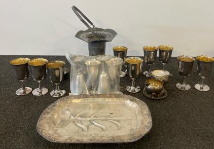Vintage Silver-Plated Tableware Set &ndash; 15 Pieces Including Goblets, Tray, Sugar Bowl, Creamer, and Handled Bowl