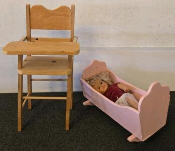 Wooden Doll High Chair and Pink Rocking Cradle Set with 18" Vintage Baby Doll