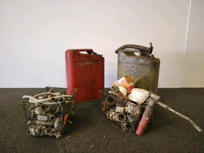 Vintage US-Style 5-Gallon Jerry Cans (Red & Olive Drab) with Assorted Plumbing Hardware Lot