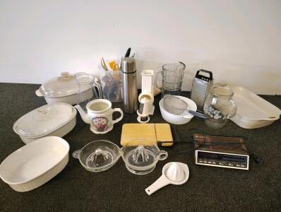 Large Assorted Kitchenware Lot - Vintage Bakeware, Glass Pitchers, Juicers, GE Clock Radio