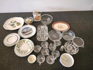 Vintage Currier & Ives Plate, 8 Pressed Glass Cups, Taiwan Nativity, 46 Pc Lot Dinnerware/Jewelry