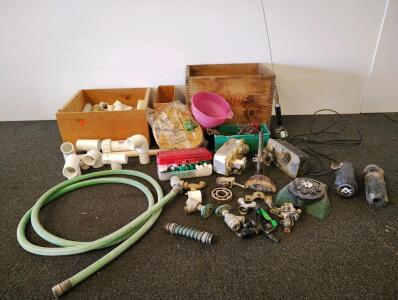Assorted Plumbing & Irrigation Lot: PVC Fittings, Valves, Hose, Sprinkler Parts, 30+ Items