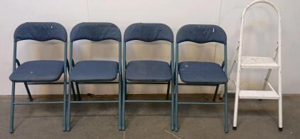 Set of 4 Blue Upholstered Metal Folding Chairs and White Two-Step Folding Step Ladder 24"x30", 24" Step Ladder
