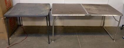 Folding Table Lot: 34" Black Square Card Table & 48" Brown Wood Grain Bi-Fold Table with Handle