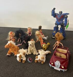 Mixed Lot Bratz Dolls, Plush Animals, 16" Blue Robot Action Figure, Car & Toy Accessories, and more