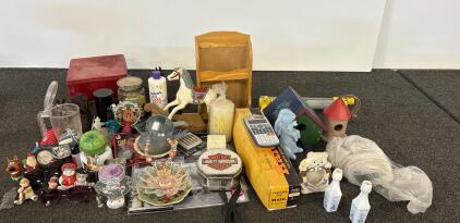 Mixed Decor, Figurines, Candles, Calculator, Harley Tin, Tool Bench Tile, Novelty & Vintage Lot
