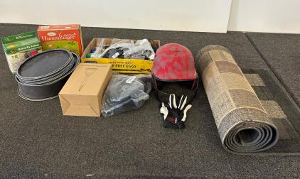 Mixed Lot: HummZinger & Butterfly Feeders, Schutt Helmet, Area Rug, Solar Light, Planters
