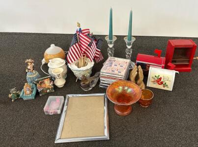 Mixed Lot &ndash; Glassware, Figurines, Patriotic CDs, Iridescent Bowl, Wooden Mailbox, 19 Pieces