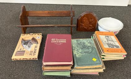 Alaska ULU Knife Set, Wooden Holders, Mixing Bowls, Vintage Books