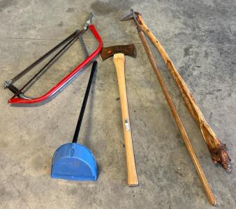 Bow Saws (30"), Double Bit Axe (36" Hickory), Scuffle Hoe, Lobby Dust Pan, Walking Stick