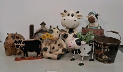 Assorted Cow-Themed Farmhouse Decor Set &ndash; Includes Planter, Metal Bucket, Chalkboard, and Barn Accent