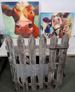 Colorful Cow Canvas Wall Art (24x24 & 24x30 in) and Rustic Wood Gate with Metal Cow, Farmhouse Decor