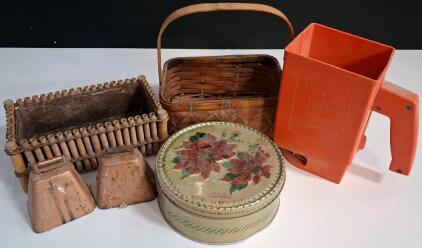 Vintage Household Lot: Shirley Jean Fruit Cake Tin, Montgomery Ward Flour Sifter, Baskets & Cowbells and More