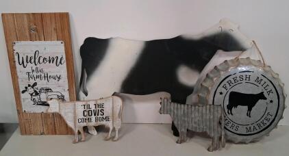 Farmhouse Wall Art Set &ndash; Cow Theme, Metal & Wood, Rustic Country Kitchen Decor, 5 Pieces