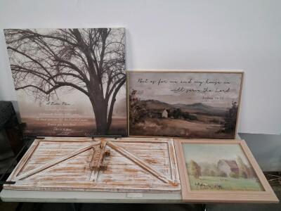 Set of 4 Farmhouse Wall Art Pieces: Tree Canvas, Scripture Framed Print, "Gather" Wooden Plaque, Pastoral Barn Scene