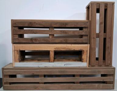 Set of 4 Wooden Display Storage Crates, Stackable, Various Sizes, Slatted Design