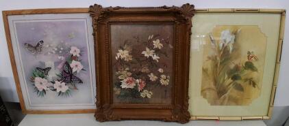 Set of Three Framed Floral and Butterfly Prints with Ornate and Bamboo-Style Frames