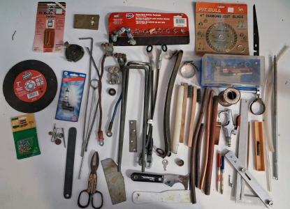 Large Mixed Hand Tool and Hardware Lot &ndash; Cutting Wheels, Terminals, Putty Knife, 45+ Pieces