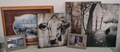 Mixed Framed Wall Art Lot: Thomas Kinkade 'Peaceful Retreat', Canvas, Rustic Cow, Nature Prints