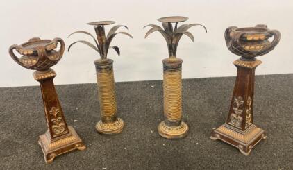 Set of 4 Decorative Candle Holders, Palm Leaf & Urn Pedestal Styles, 17" Tall, Metal & Resin
