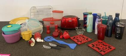 Assorted Kitchenware Lot: Oster Toaster, 27 Pieces, Drinkware, Containers, Utensils, Trivets