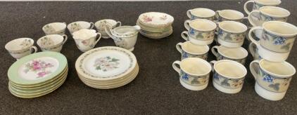 Vintage Mixed Dinnerware & Tea Set, Approx. 27 Pieces, Floral & Fruit Motifs, Gold Trim