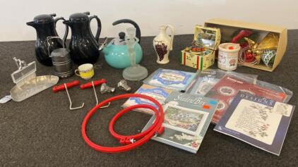 Vintage Household & Craft Lot: Thermoses, Kettle, Candlestick, Cross-Stitch Kits, Christmas Decor