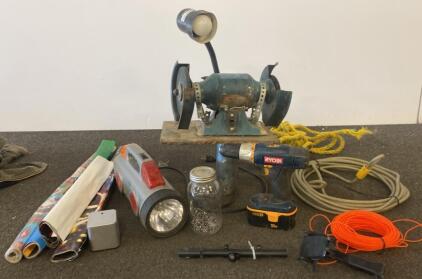 Vintage Bench Grinder w/ Lamp ( Powers On ), Ryobi 18V Drill, Extension Cord, Work Light, Hardware Bundle