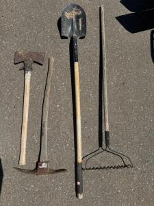 Set of 4 Garden Tools: Axe, Pick Mattock, Shovel, Bow Rake &ndash; Wood Handles, Steel Heads