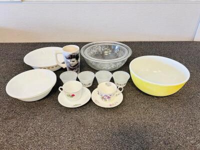 Vintage Pyrex, Corelle, Porcelain Kitchenware Set: Mixing Bowls, Cups & Elvis Mug &ndash; 12+ Pieces
