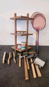 (6) Badminton Rackets With Vintage Shuttle cock can (5) Various Size Mallets (1) Small Corner Shelf (2) Convoy Brand Cb Radio