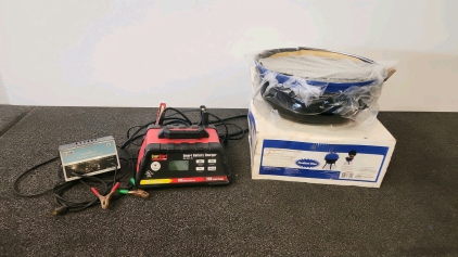 (1) Eversyart Plus Smart Battery Charger (Works) (1) vintage electron battery charger. (1) Stadium Blue 8-Burher Grill
