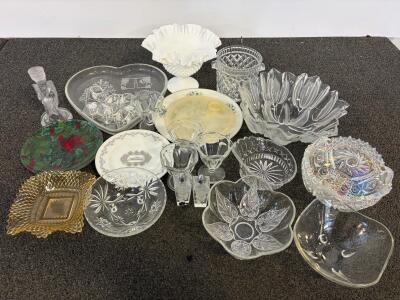 Large Mixed Vintage Glassware Lot &ndash; Bowls, Plates, Milk Glass, Carnival & Cut Patterns, 22 Pieces