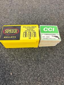 Speer 38 Cal 158gr JHP Bullets (100 ct) & CCI 500 Small Pistol Primers (500 ct) Reloading Components