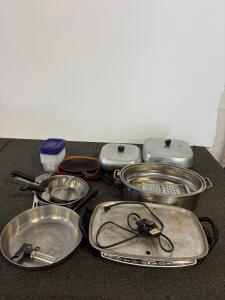 Farberware Electric Skillet, Mixed Cookware Lot, Includes Roaster and Containers