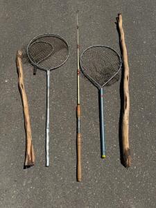 Fishing Gear Bundle: 2 Aluminum Landing Nets, 6ft Fiberglass Spinning Rod, 2 Wooden Walking Sticks