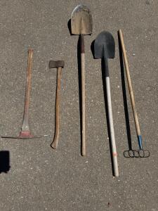 Set of 5 Used Hand Tools: Pickaxe, Hatchet, Shovels, Cultivator