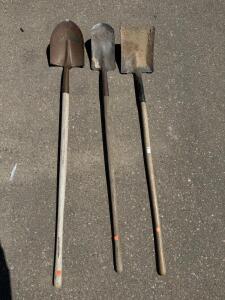 Three Long-Handled Shovels: Round Point, Drain Spade, and Square Point &ndash; Steel Blades, Wood Handles