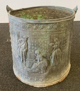 Antique Decorative Metal Coal Scuttle with Figural Relief and Swing Handle