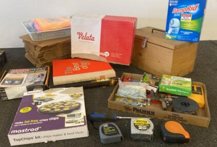 Mixed Household, Hardware, Kitchen Gadget & Book Lot - Stanley Tape, Mastrad TopChips, Velata, Books