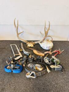 Mixed Vintage Tools, Ratchet Tie-Down Straps, Floral Ceramic Teapot, Large Mounted Deer Antlers