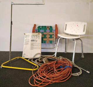 Church Elongated Toilet Seat, Adjustable Shower Chair, Folding Lawn Chair, IV Stand, Extension Cord, carpet cleaner attachment Hoses.