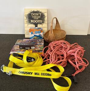 Household Utility Lot - Husky Tow Strap, Heavy-Duty Extension Cord, 5 Puzzles, Basket, Wall Art