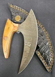 Handmade Damascus Ulu Knife &ndash; Patterned Blade, Hardwood Handle, Mosaic Pin, Custom Leather Sheath