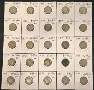 25 Buffalo Nickels, Indian Head, 5&cent;, 1917-1938, Circulated, Mixed Dates, US Copper-Nickel Coins