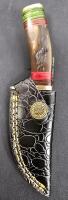 Damascus Steel Fixed-Blade Hunting Knife With Natural Horn Handle And Leather Sheath - 4