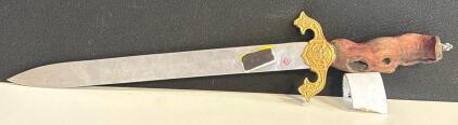 Decorative Sword with Ornate Gold Guard, Natural Burl Wood Handle, Approx. 23" Overall Length